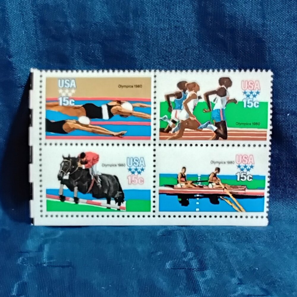 Uncirculated USA 1980 Olympics Team USA Block of Four 15 Cent Airmail Stamps!!